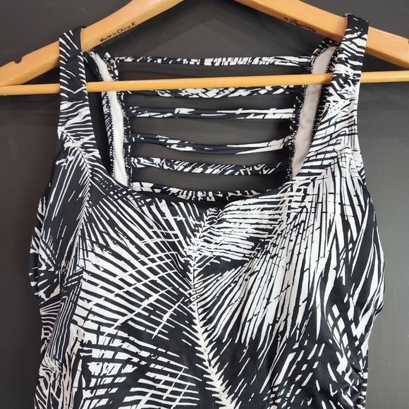 Aqua Green One Piece Swimsuit Black White Palm Print Size Medium - Picture 5 of 8